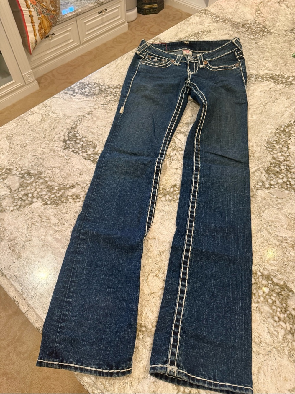 True Religion Women's Dark Blue Boot Cut Jeans with White Contrast Stitching